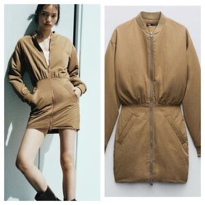 ZARA PADDED OLIVE GREEN MINI BOMBER DRESS SIZE L NWT